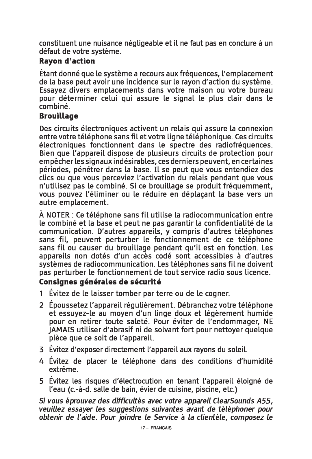 ClearSounds CS-A55 manual Brouillage, Consignes générales de sécurité, Rayon d’action 