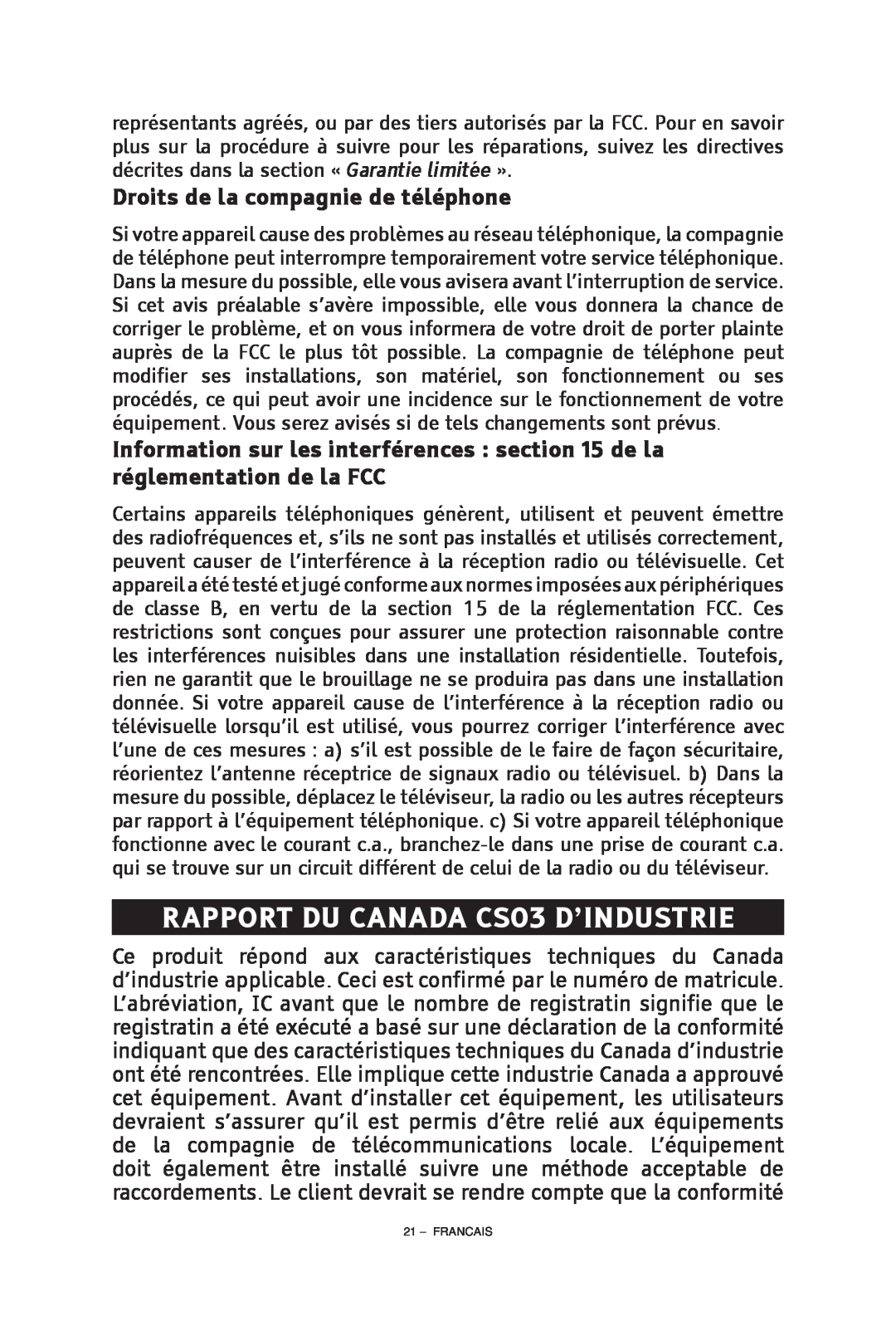 ClearSounds CS-A55 manual Rapport du Canada CS03 d’industrie, Droits de la compagnie de téléphone 
