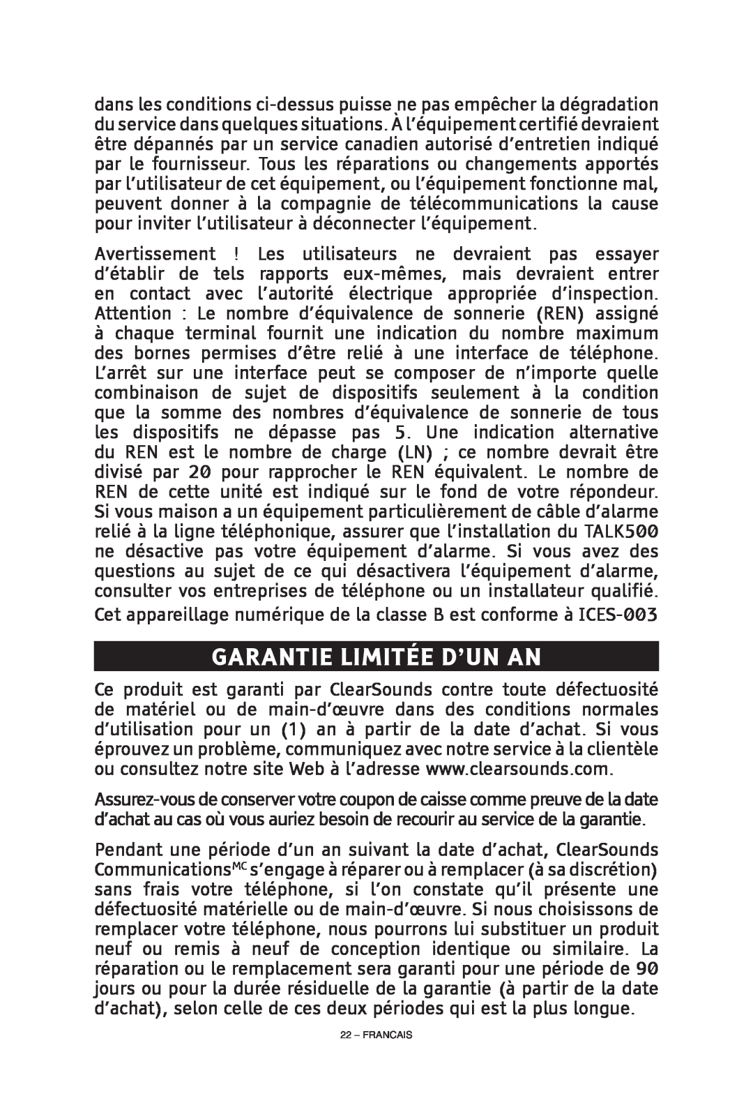 ClearSounds CS-A55 manual Garantie limitée d’un an, Francais 