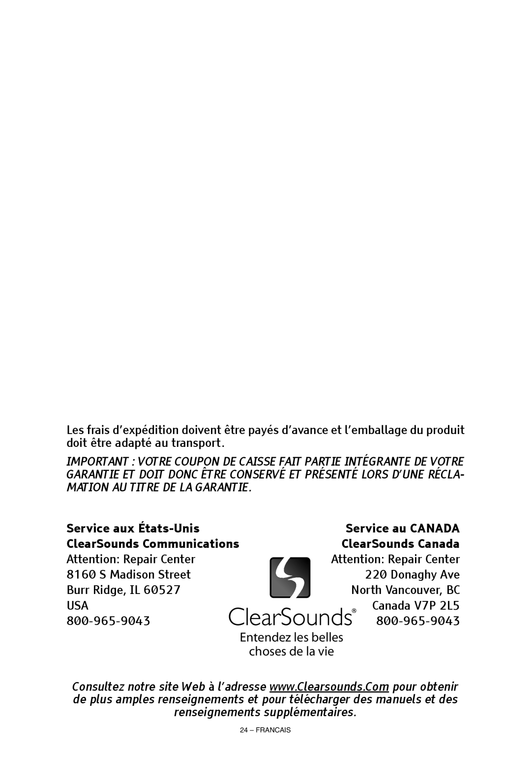 ClearSounds CS-A55 manual Entendez les belles choses de la vie, Burr Ridge, IL 60527 USA 