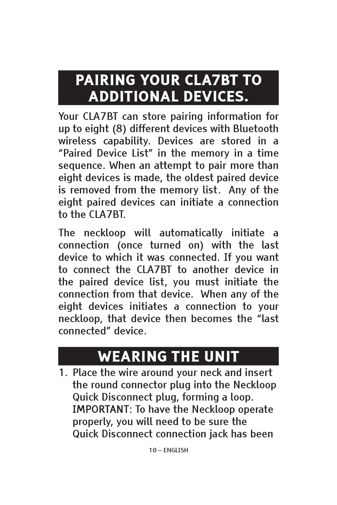 ClearSounds CS-CLA7BT, V808 manual Pairing your CLA7BT to Additional Devices, Wearing the Unit 