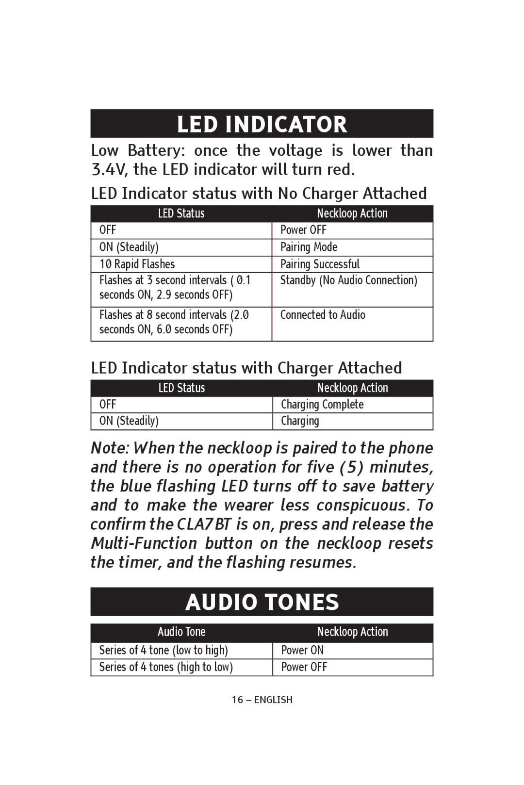 ClearSounds CS-CLA7BT, V808 manual LED Indicator, Audio Tones 