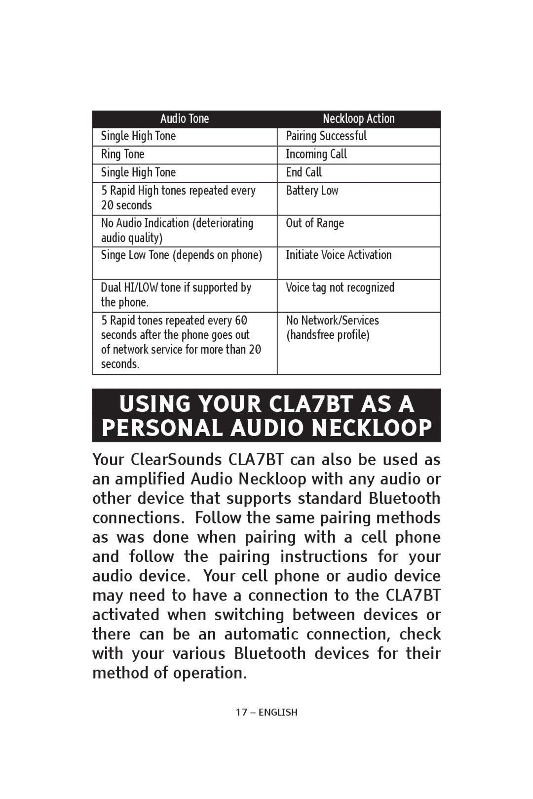 ClearSounds V808, CS-CLA7BT manual Using your CLA7BT as a Personal Audio Neckloop, Audio Tone Neckloop Action 