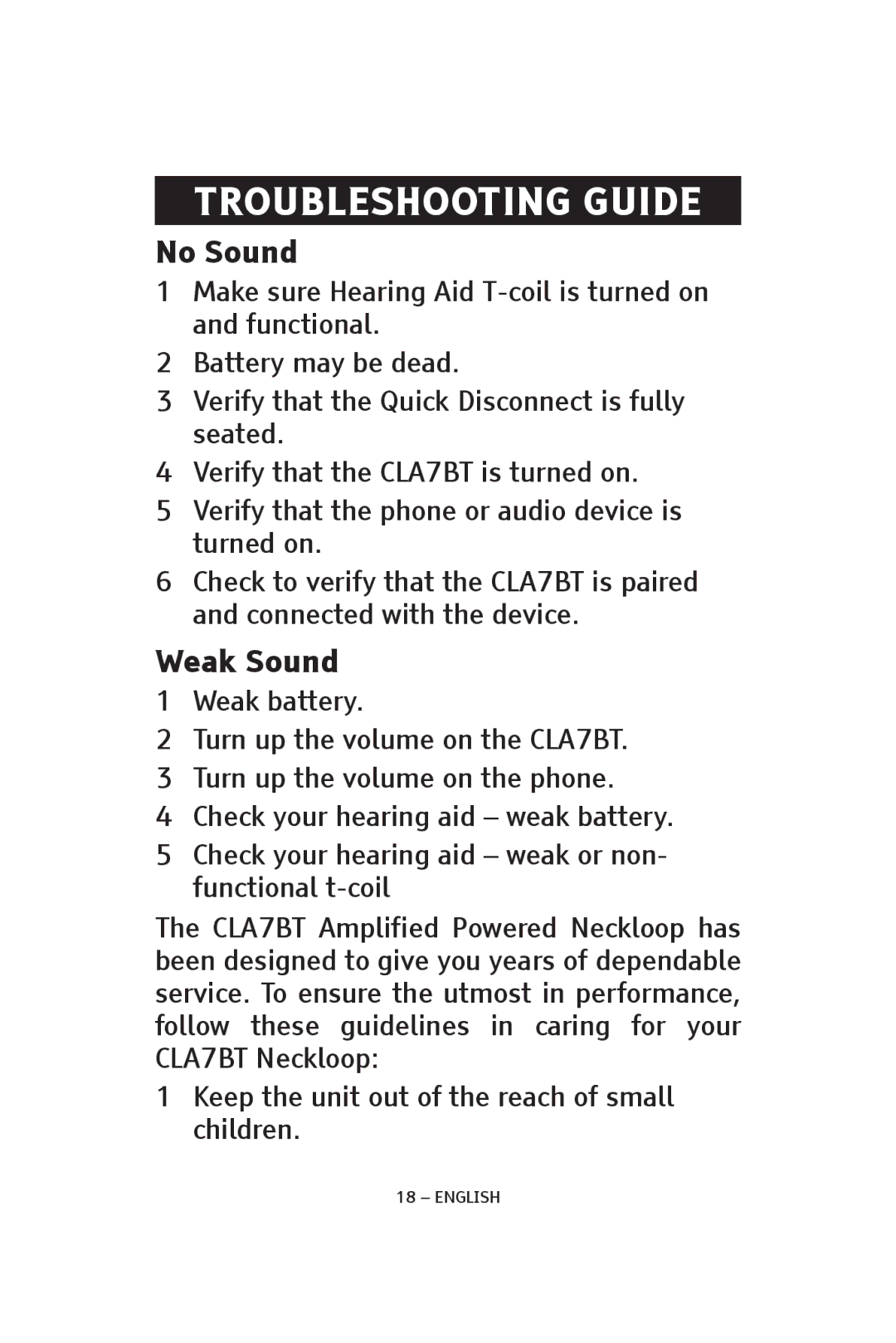 ClearSounds CS-CLA7BT, V808 manual Troubleshooting Guide, No Sound, Weak Sound 