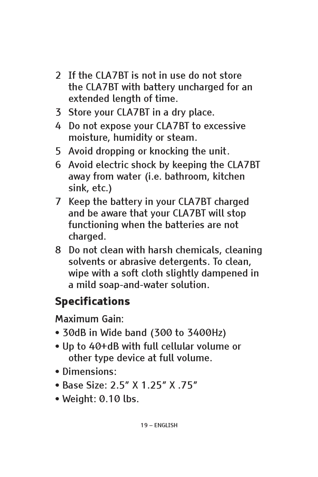 ClearSounds V808, CS-CLA7BT manual Specifications, Maximum Gain 