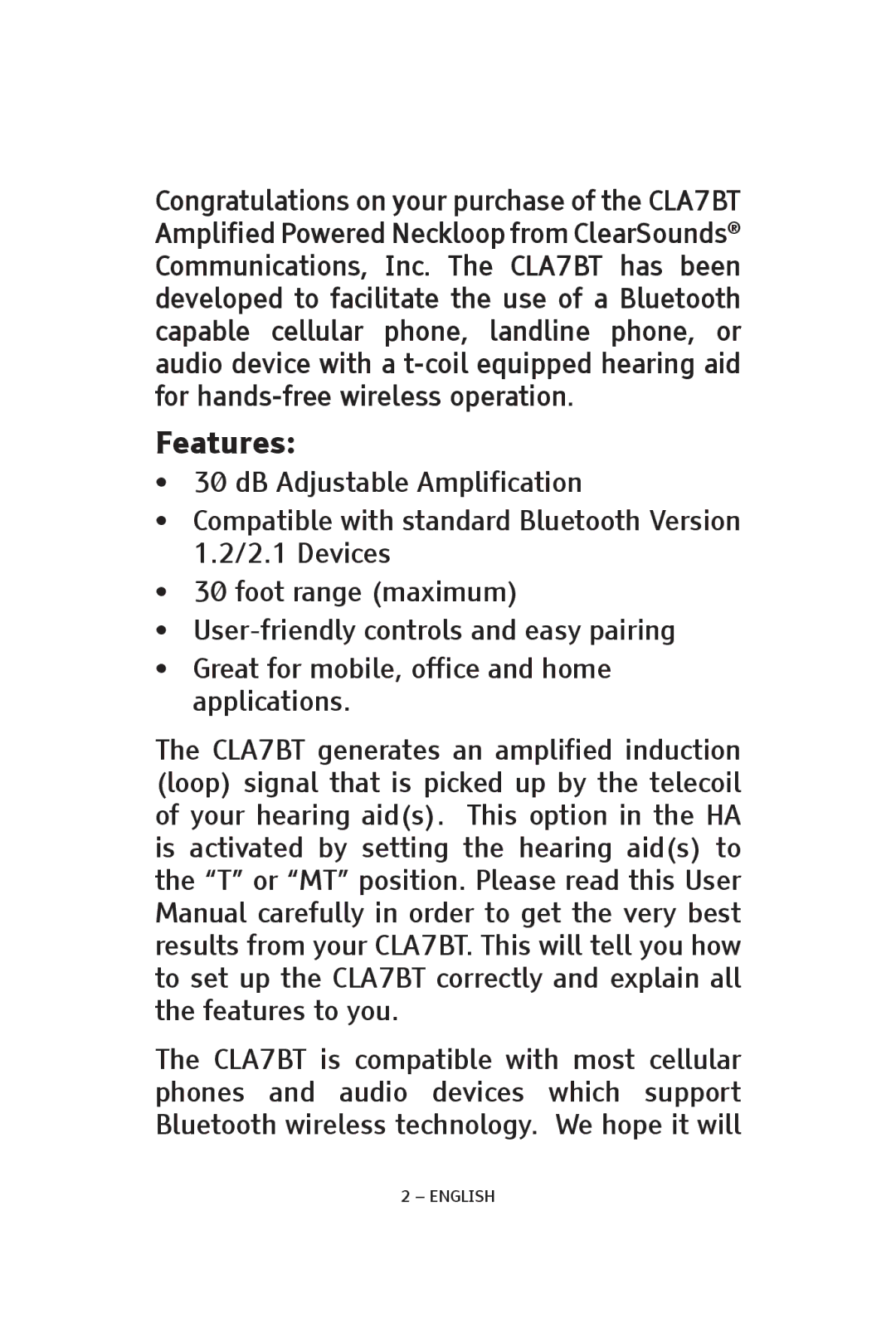 ClearSounds CS-CLA7BT, V808 manual Features 