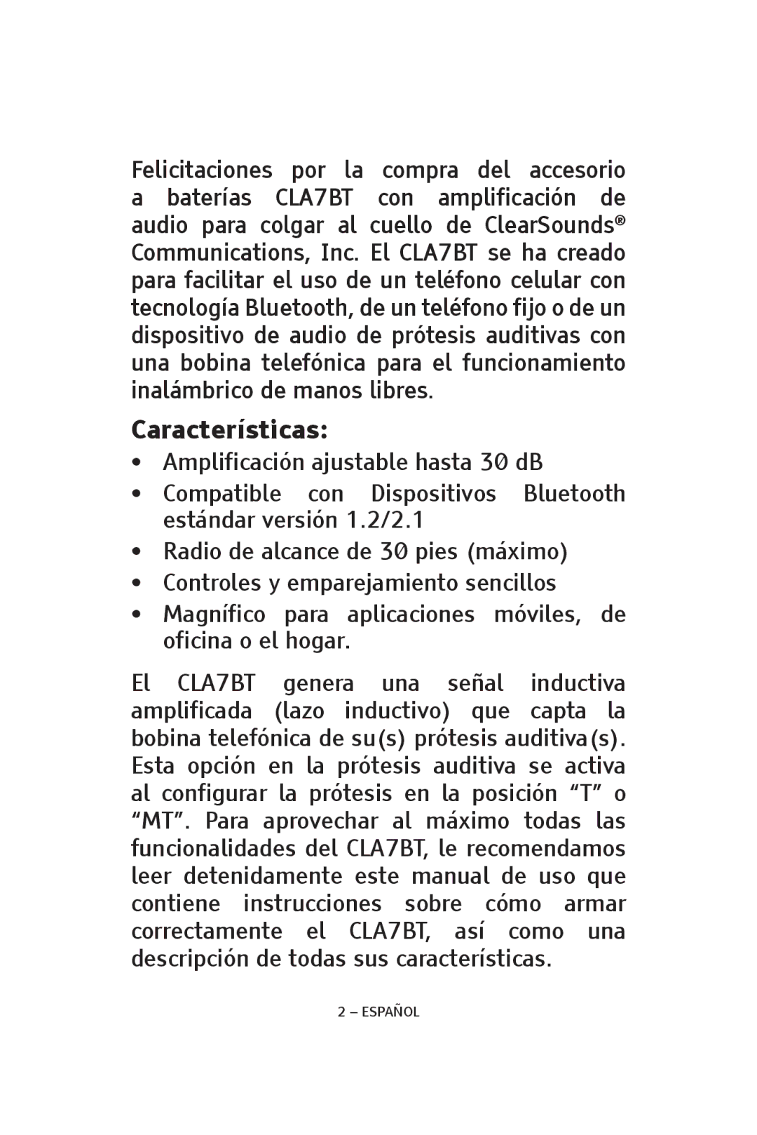 ClearSounds CS-CLA7BT, V808 manual Características, Baterías CLA7BT con amplificación de 