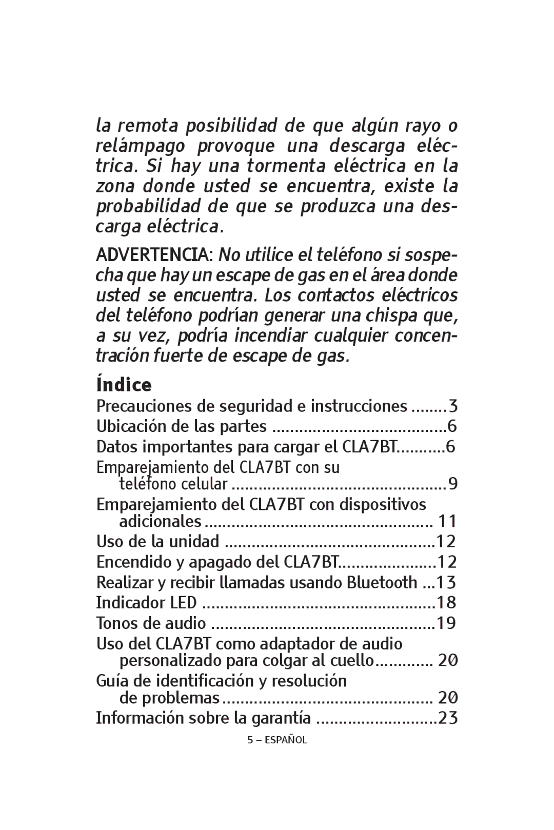 ClearSounds V808, CS-CLA7BT manual Índice, Emparejamiento del CLA7BT con dispositivos 