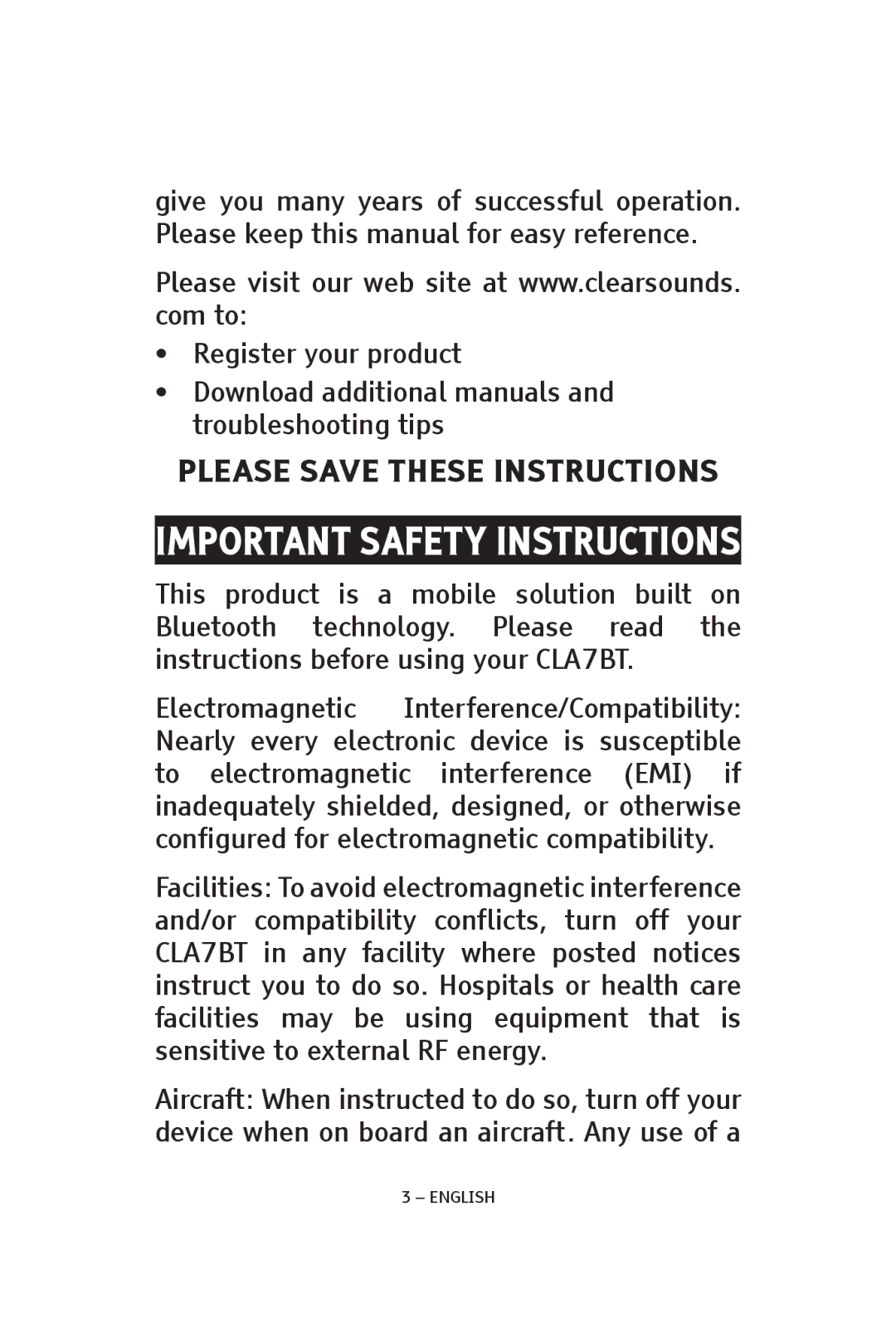 ClearSounds V808, CS-CLA7BT manual Important Safety Instructions 