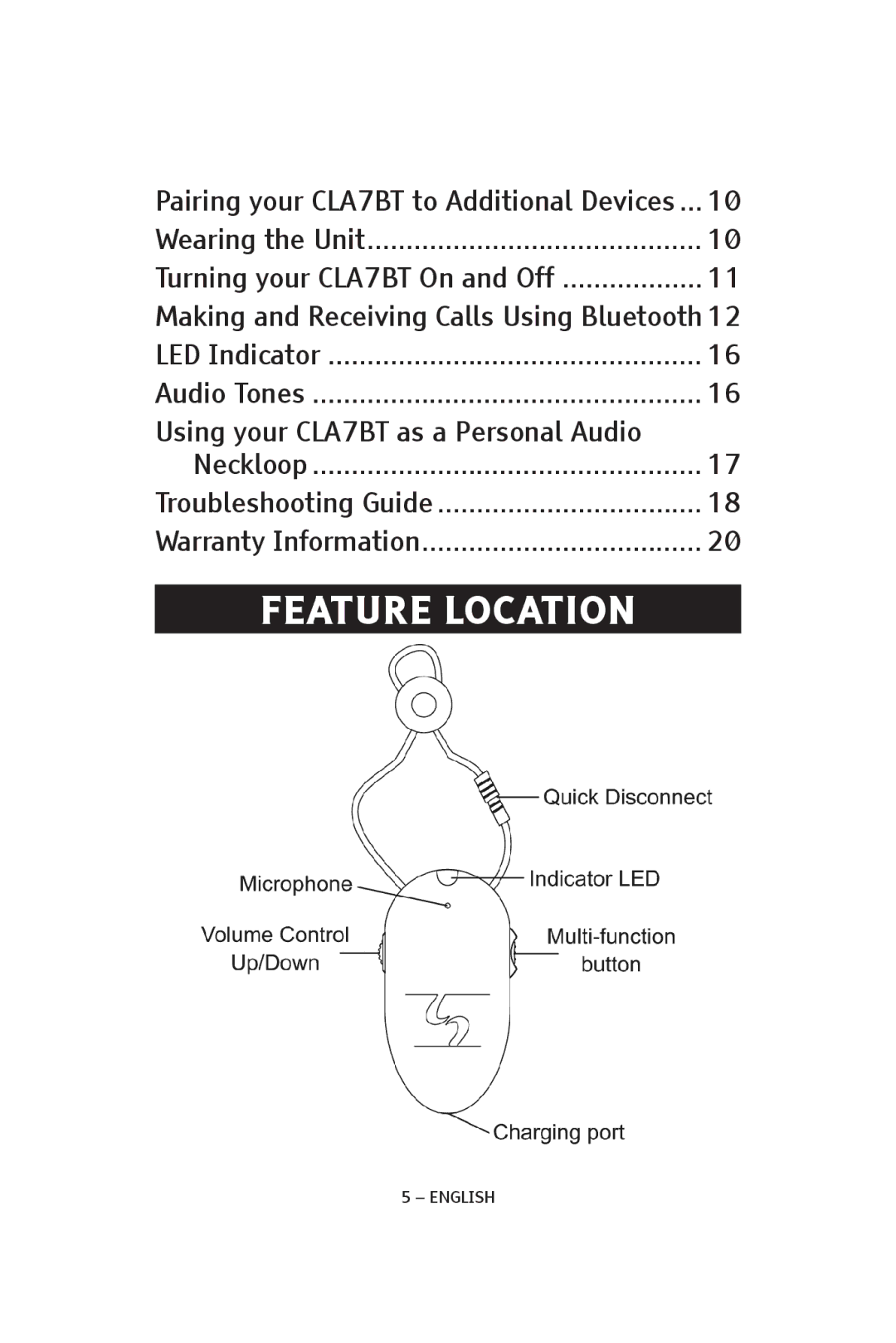 ClearSounds V808, CS-CLA7BT manual Feature location 