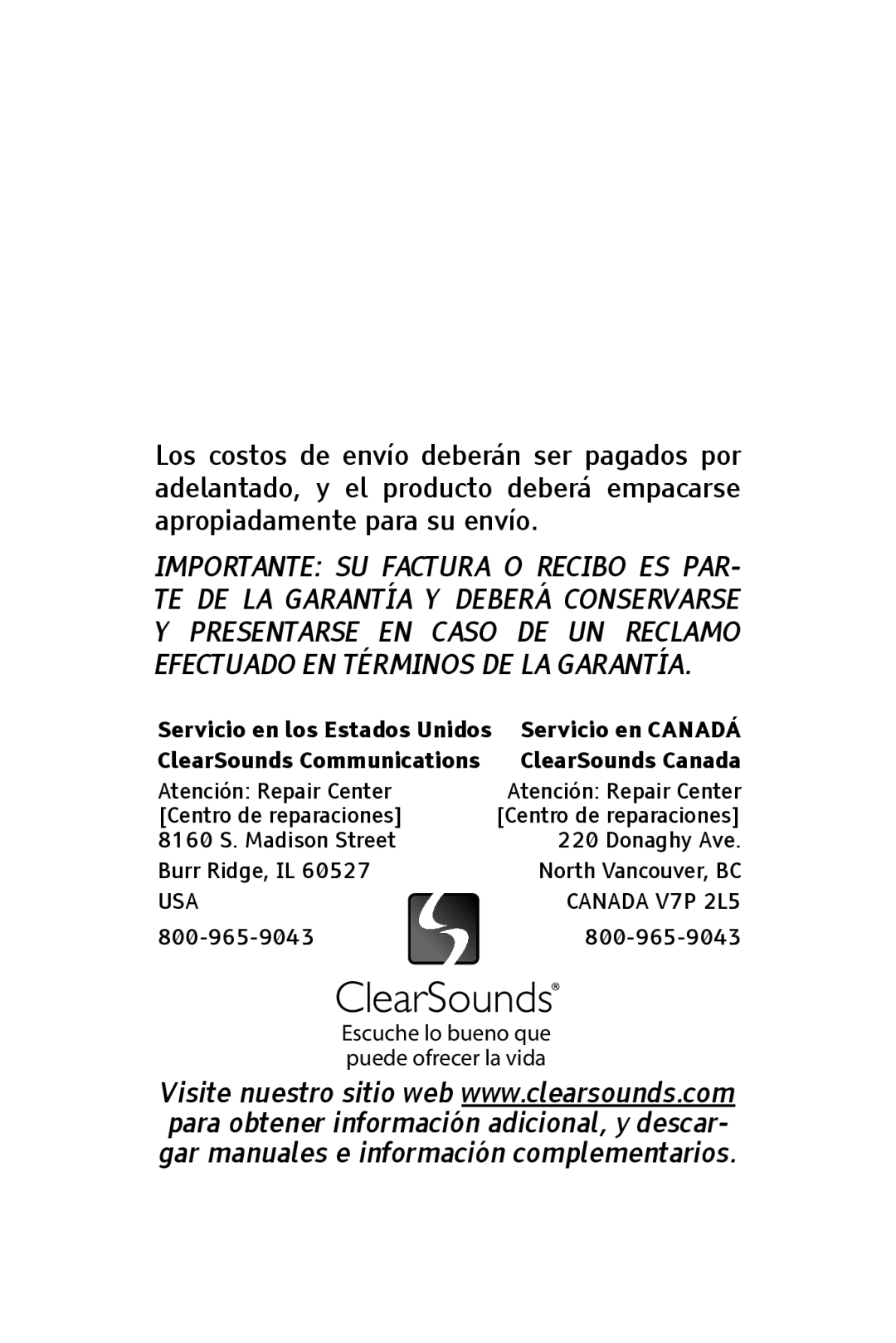 ClearSounds CS-CLA7BT, V808 manual Servicio en Canadá 