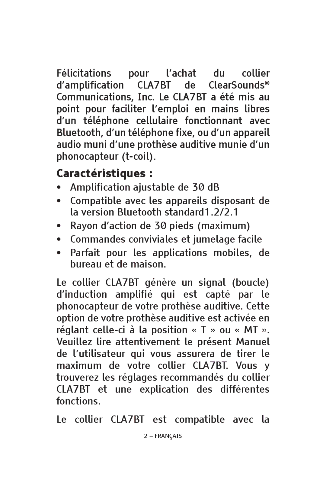 ClearSounds CS-CLA7BT, V808 manual Caractéristiques 