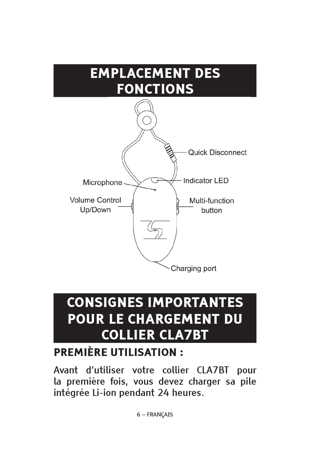 ClearSounds CS-CLA7BT, V808 manual Emplacement DES Fonctions, Consignes Importantes Pour LE Chargement DU Collier CLA7BT 