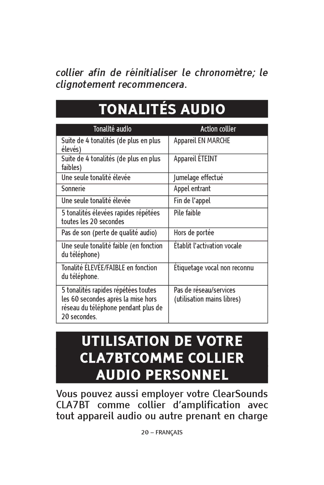 ClearSounds CS-CLA7BT, V808 manual Tonalités Audio, Tonalité audio Action collier 