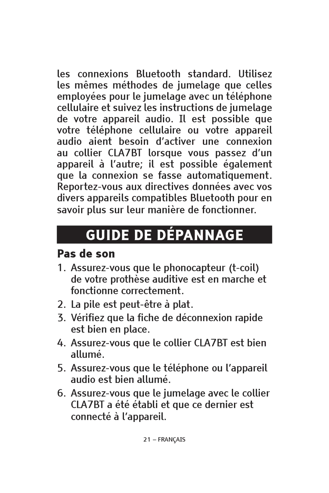 ClearSounds V808, CS-CLA7BT manual Guide DE Dépannage, Pas de son 