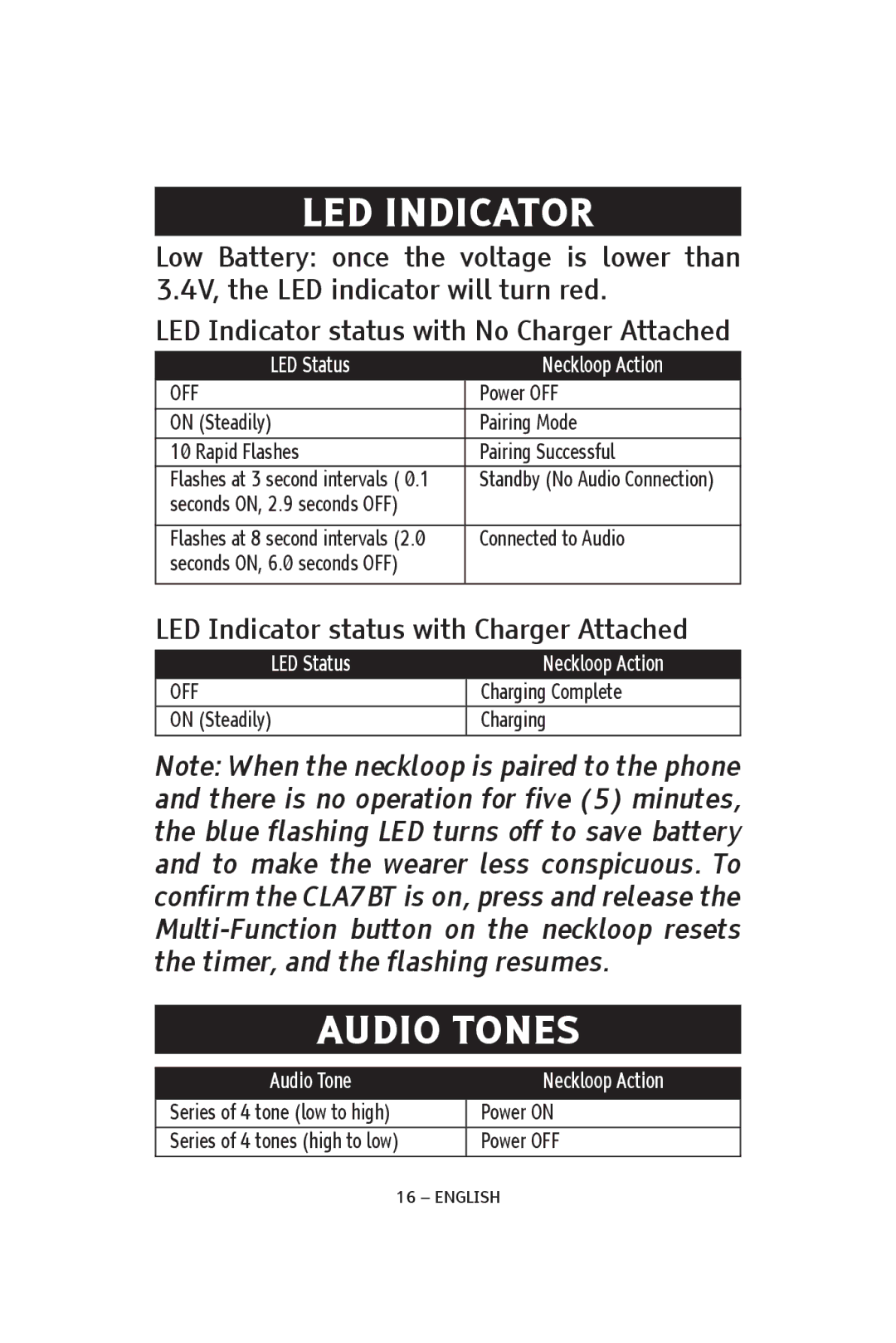 ClearSounds CS-CLA7BT manual LED Indicator, Audio Tones 