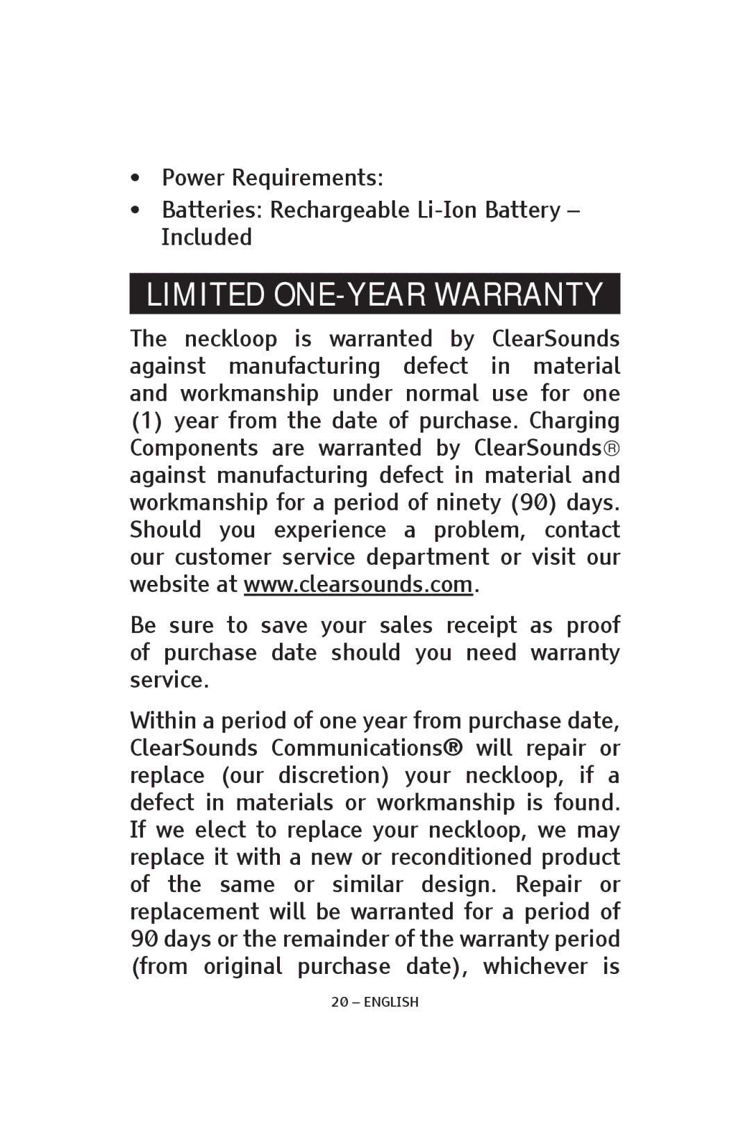 ClearSounds CS-CLA7BT manual Limited One-year Warranty 