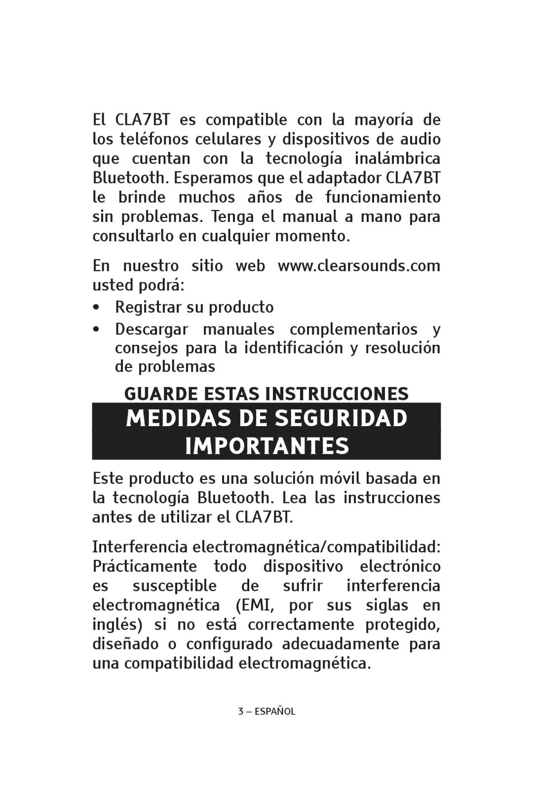 ClearSounds CS-CLA7BT manual Medidas DE Seguridad Importantes 