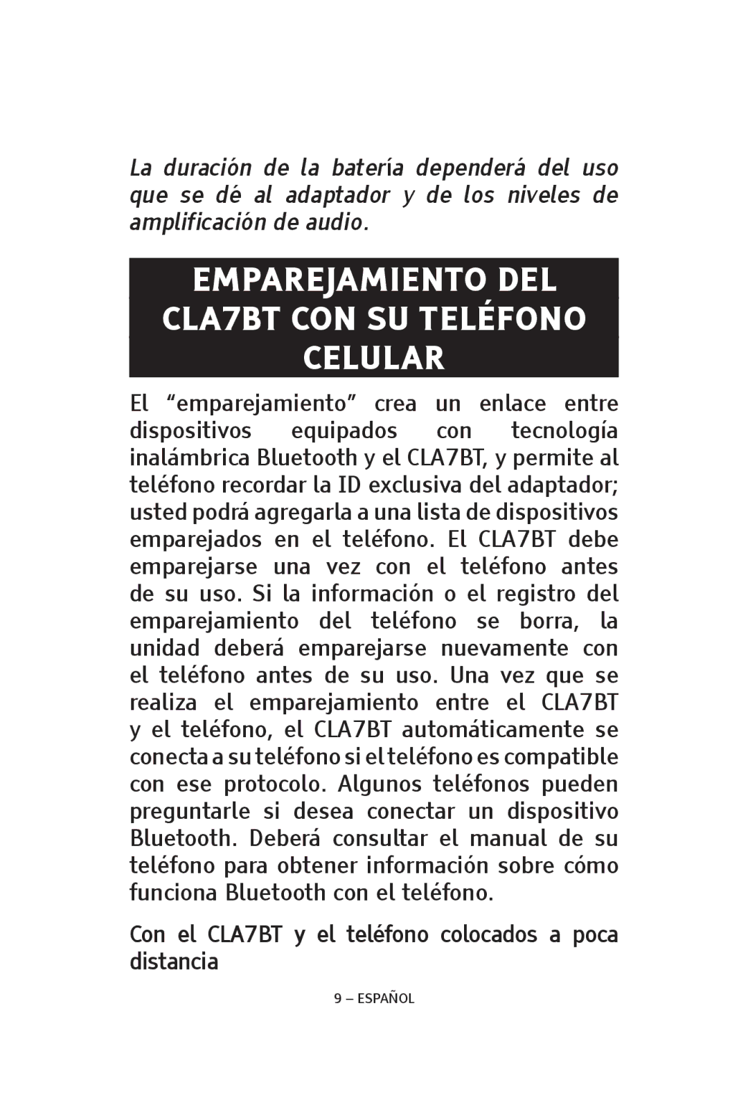 ClearSounds CS-CLA7BT manual Emparejamiento DEL CLA7BT CON SU Teléfono Celular 