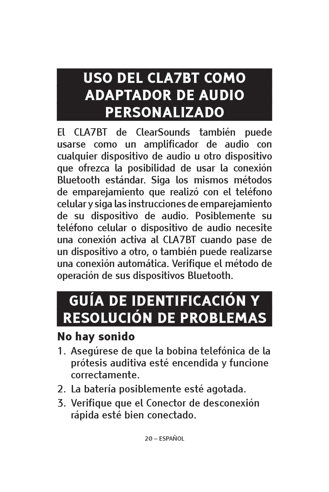 ClearSounds CS-CLA7BT manual Guía DE Identificación Y Resolución DE Problemas, No hay sonido 