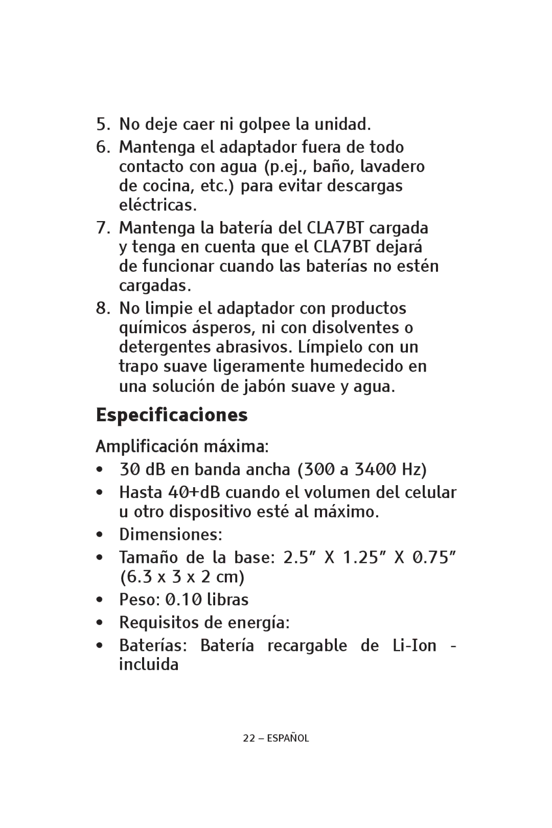 ClearSounds CS-CLA7BT manual Especificaciones, Amplificación máxima 