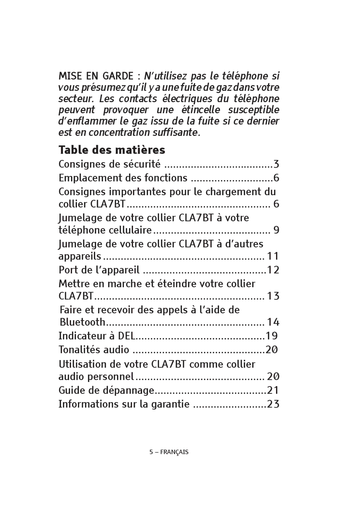 ClearSounds CS-CLA7BT manual Table des matières 