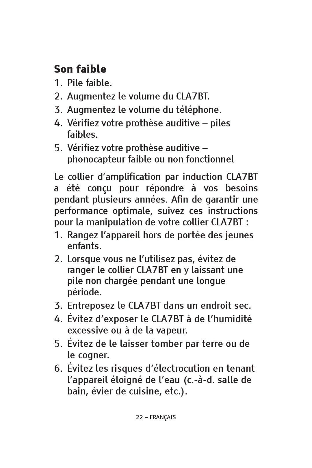 ClearSounds CS-CLA7BT manual Son faible 