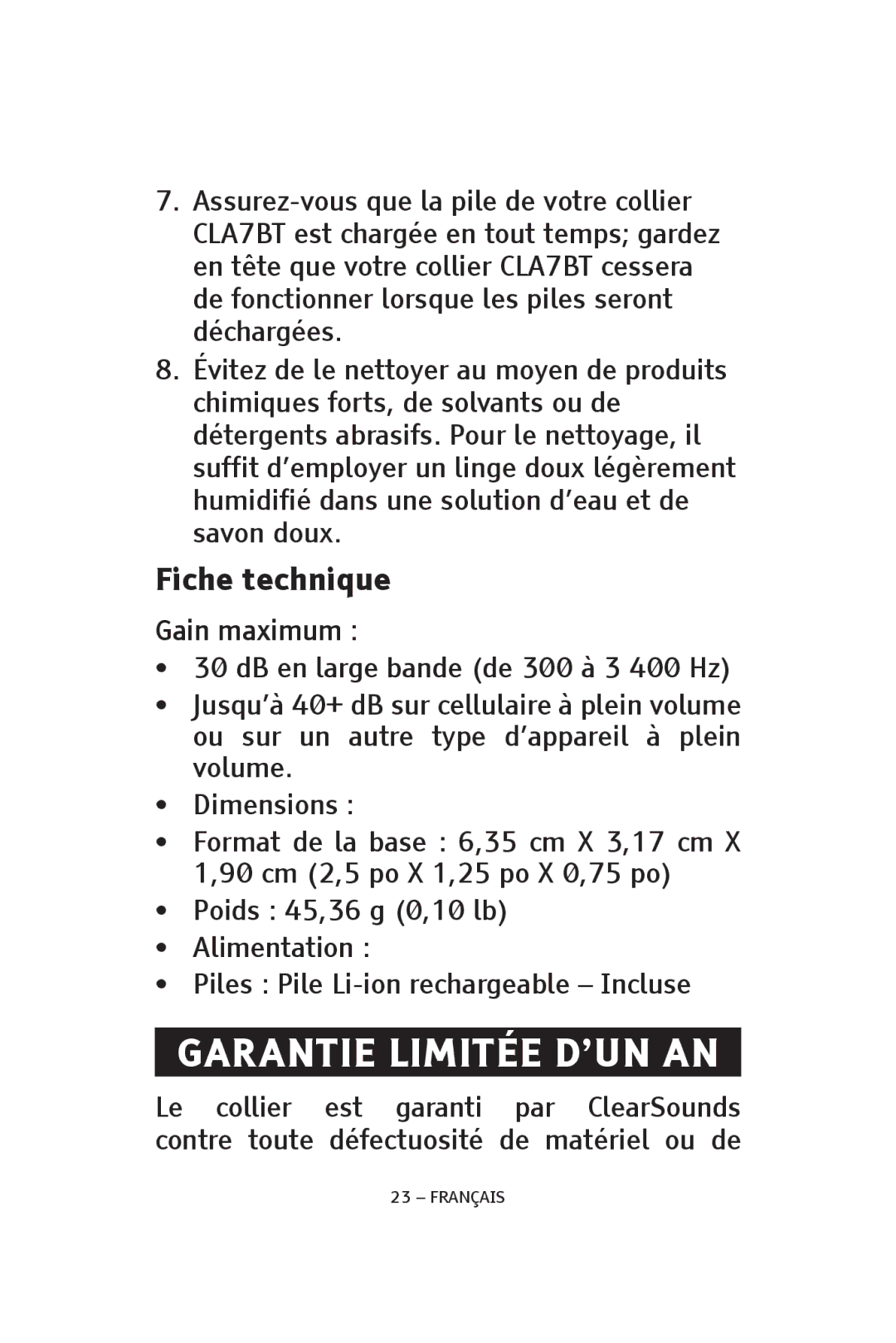 ClearSounds CS-CLA7BT manual Garantie Limitée D’UN AN, Fiche technique 