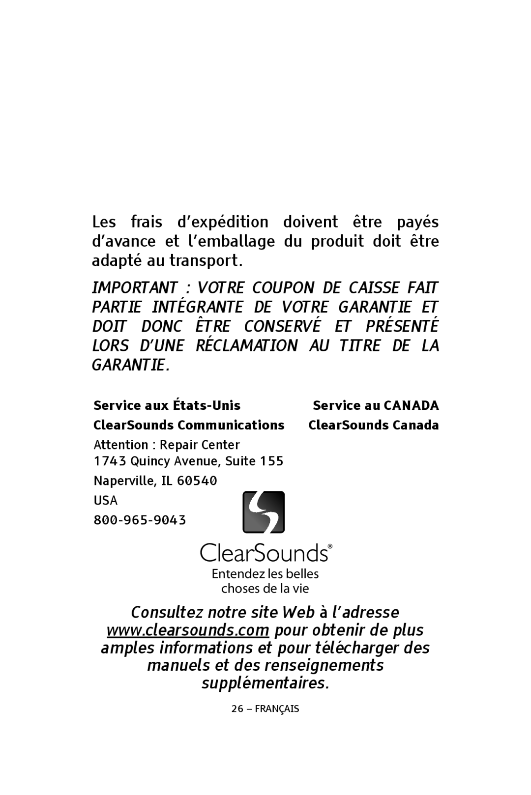 ClearSounds CS-CLA7BT manual Consultez notre site Web à l’adresse 