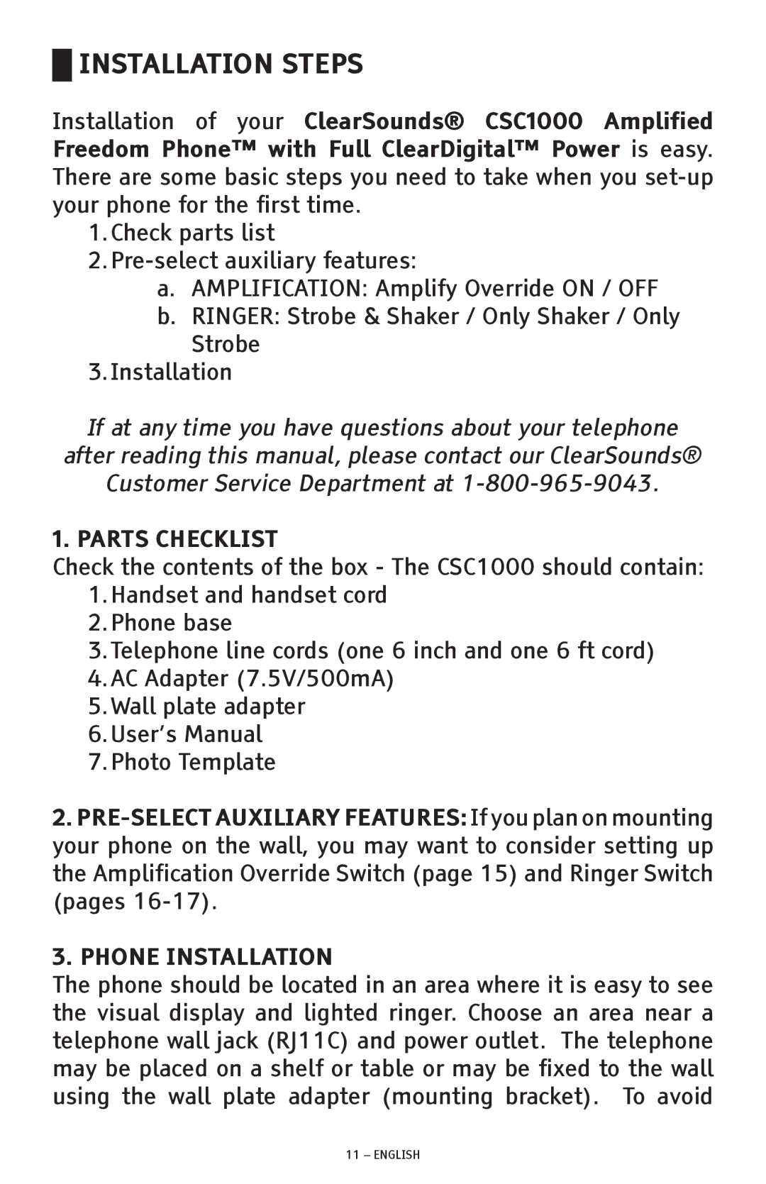 ClearSounds manual Installation Steps, Installation of your ClearSounds CSC1000 Amplified 