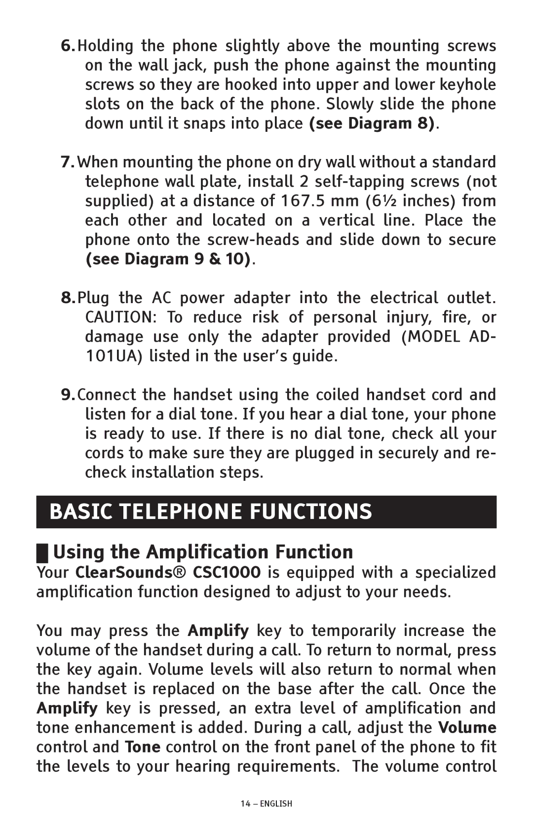 ClearSounds CSC1000 manual Basic Telephone Functions, Using the Amplification Function 