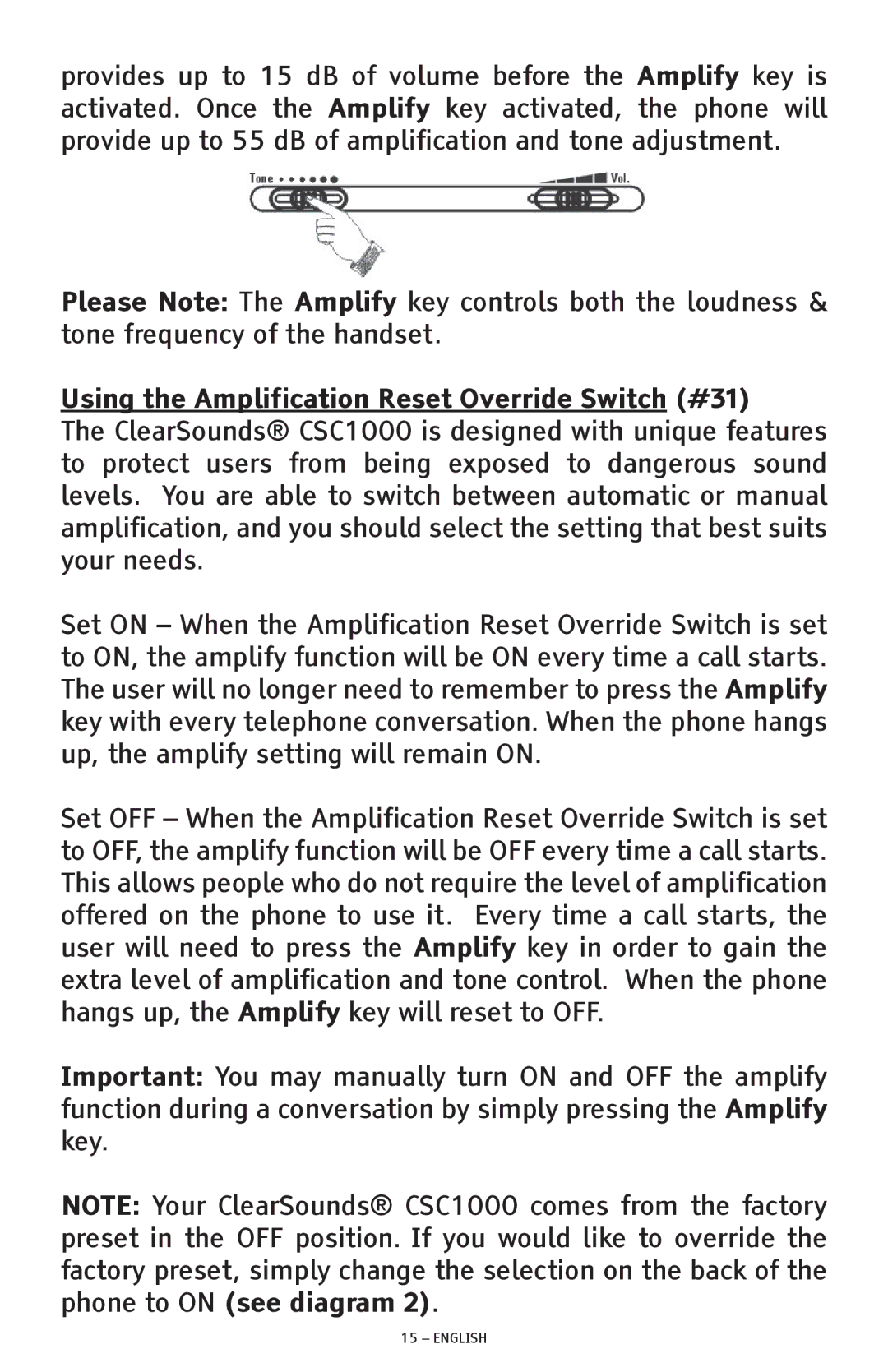 ClearSounds CSC1000 manual Using the Amplification Reset Override Switch #31 