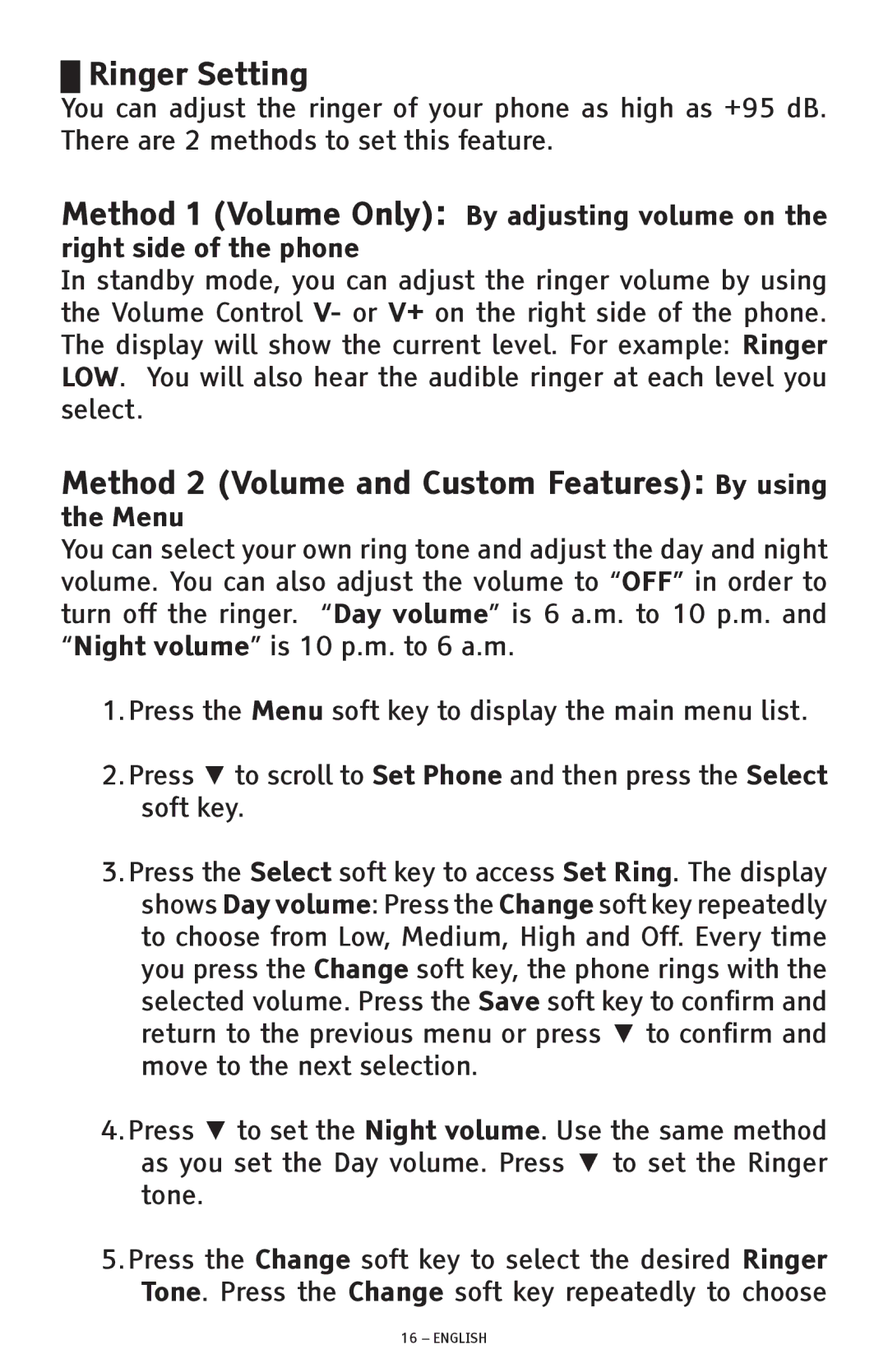 ClearSounds CSC1000 manual Ringer Setting, Method 2 Volume and Custom Features By using, Menu 