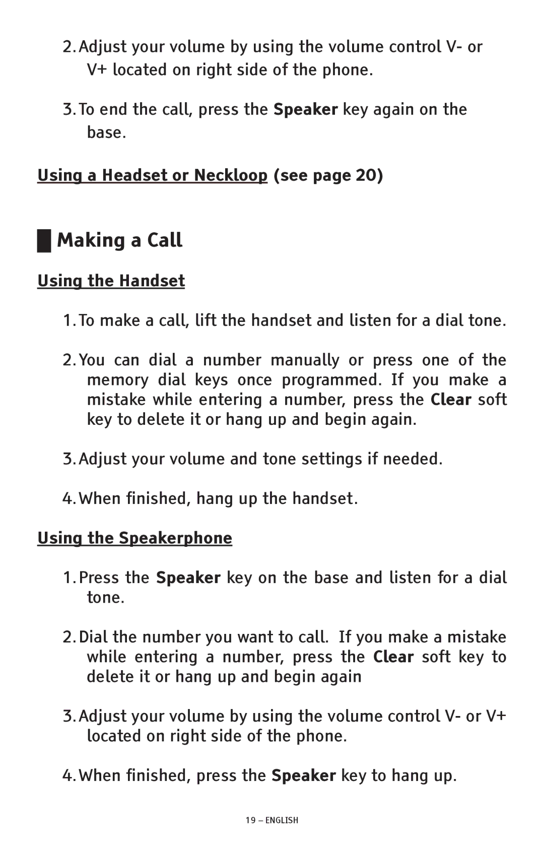 ClearSounds CSC1000 manual Making a Call, Using a Headset or Neckloop see 