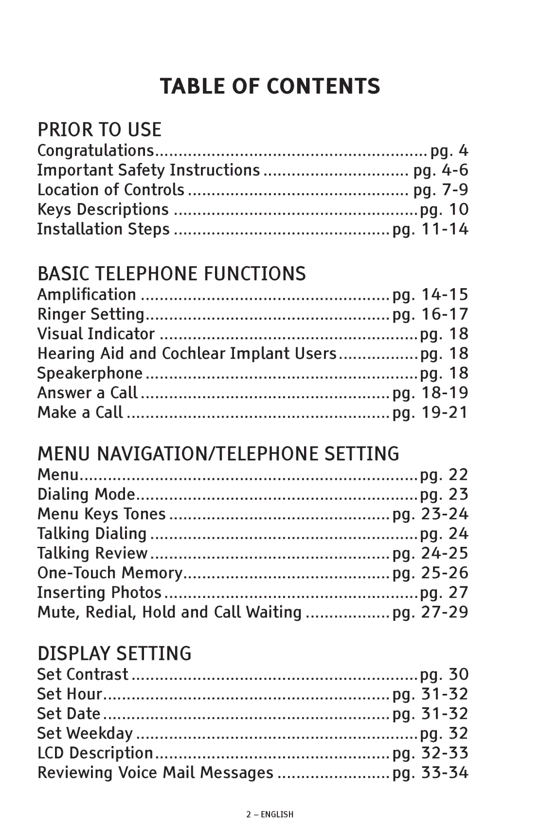 ClearSounds CSC1000 manual Table of Contents 