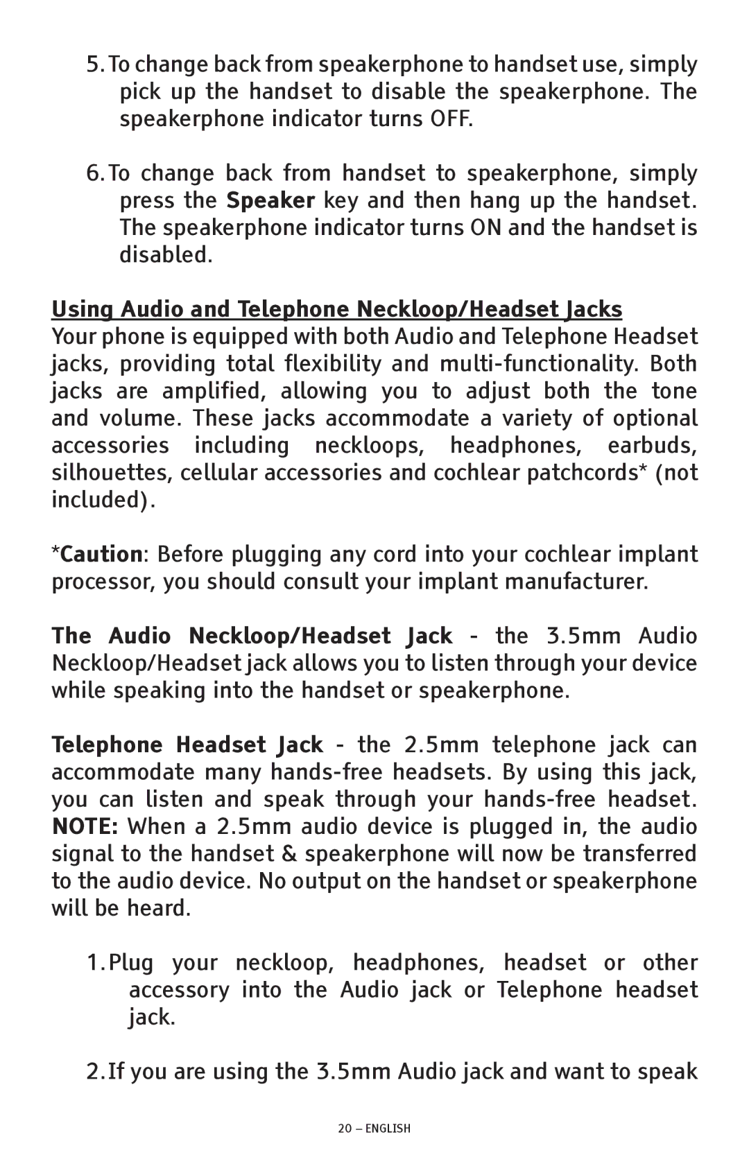 ClearSounds CSC1000 manual Using Audio and Telephone Neckloop/Headset Jacks 