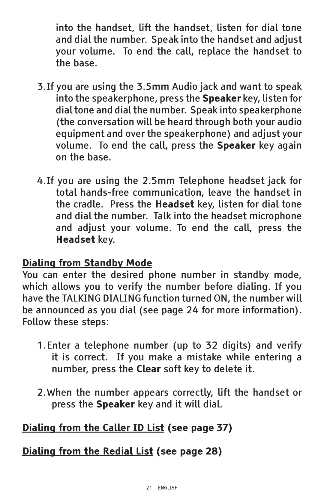 ClearSounds CSC1000 manual Dialing from Standby Mode 