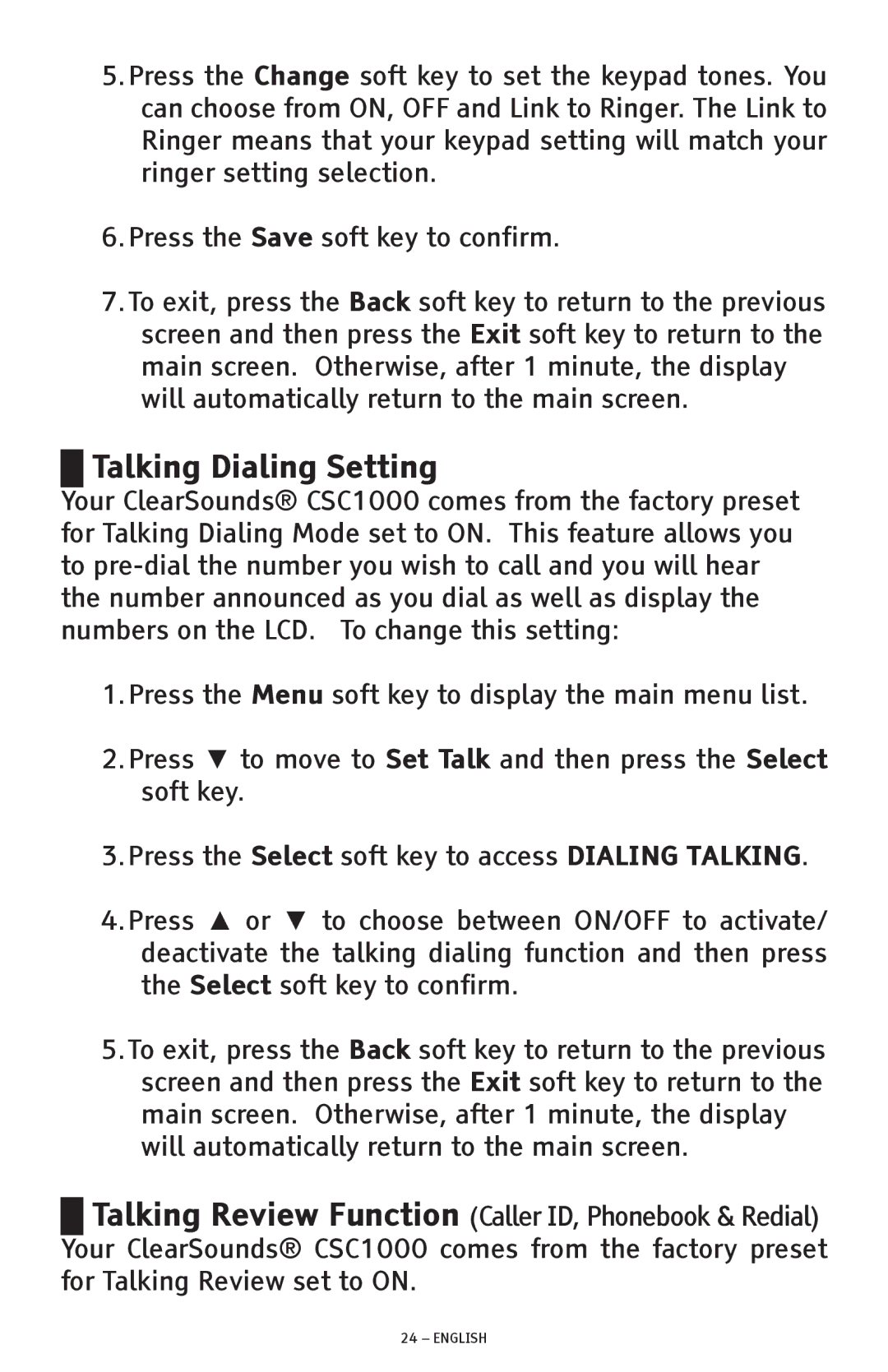 ClearSounds CSC1000 manual Talking Dialing Setting 