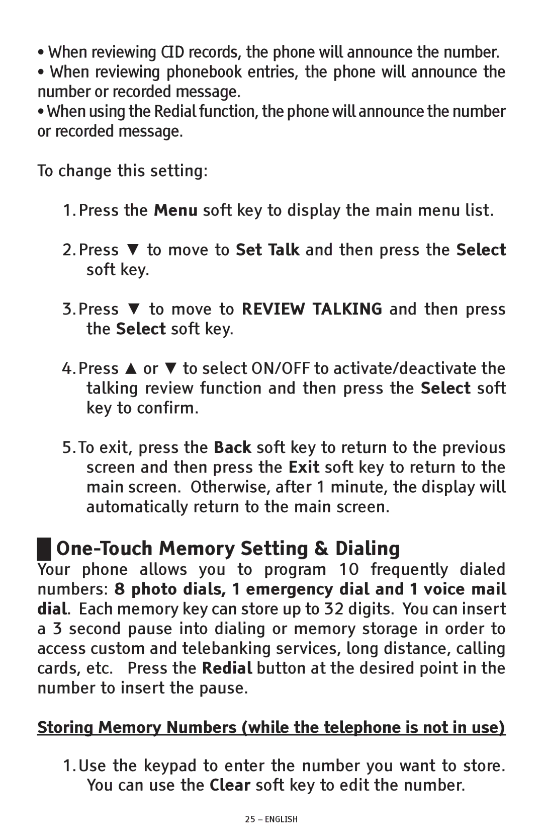 ClearSounds CSC1000 manual One-Touch Memory Setting & Dialing, Storing Memory Numbers while the telephone is not in use 