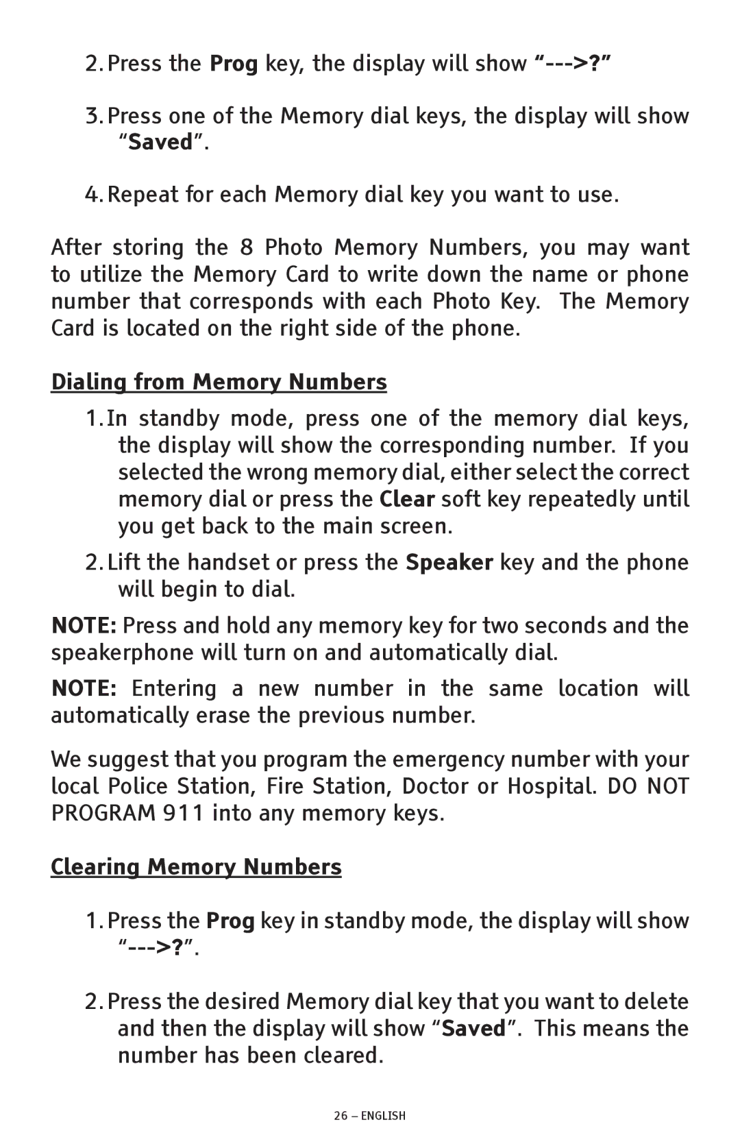 ClearSounds CSC1000 manual Dialing from Memory Numbers, Clearing Memory Numbers 