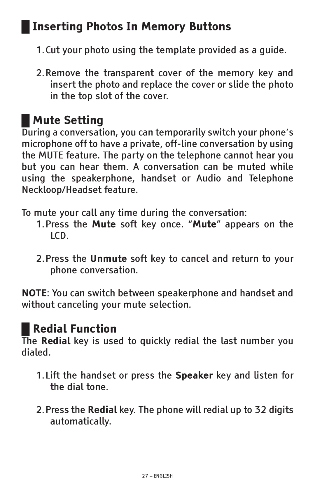 ClearSounds CSC1000 manual Inserting Photos In Memory Buttons, Mute Setting, Redial Function 