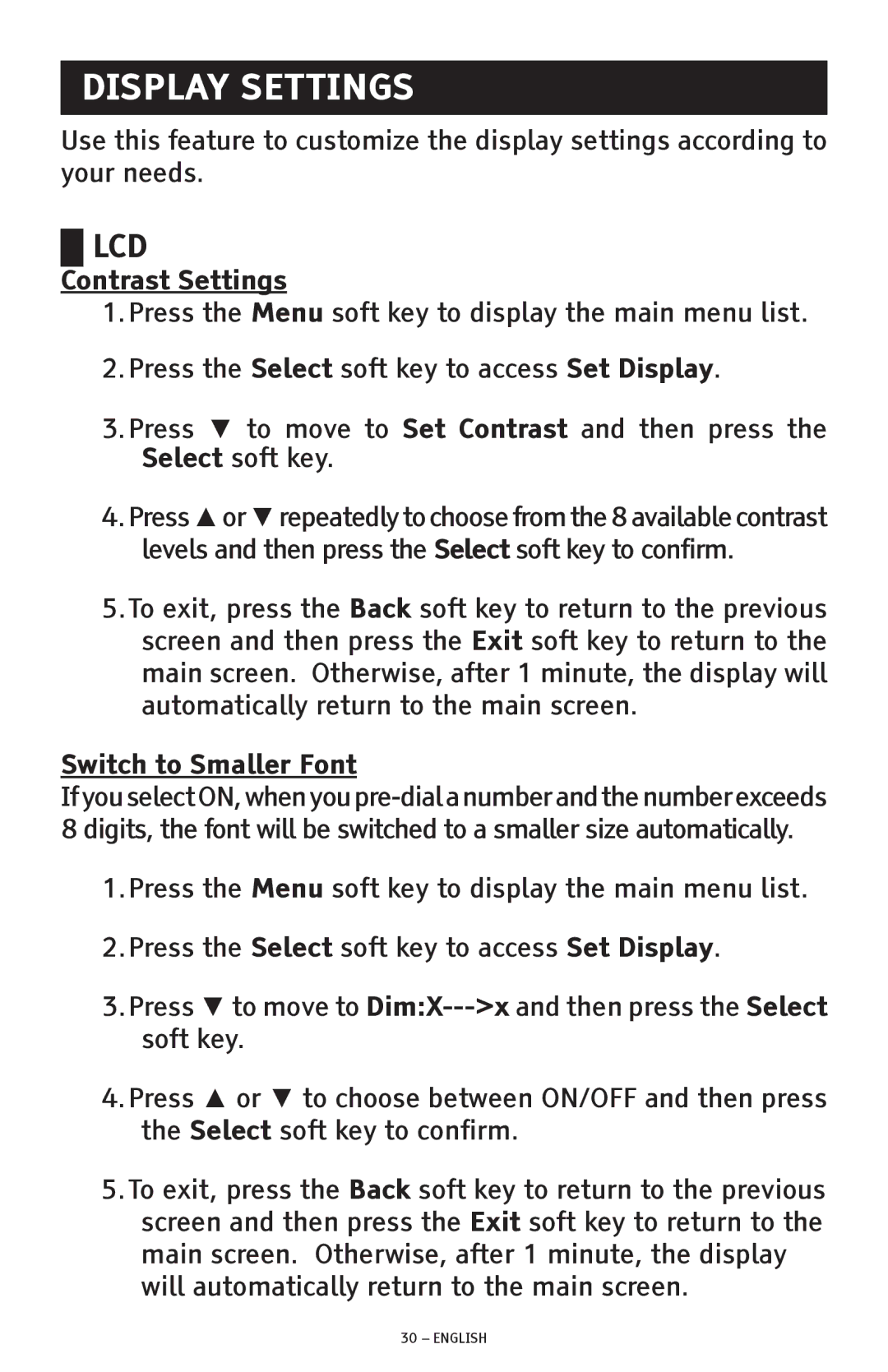 ClearSounds CSC1000 manual Lcd, Contrast Settings, Switch to Smaller Font 