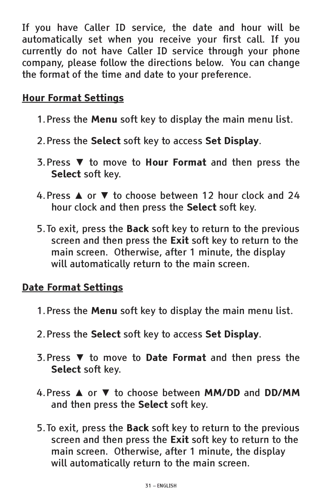 ClearSounds CSC1000 manual Hour Format Settings, Date Format Settings 