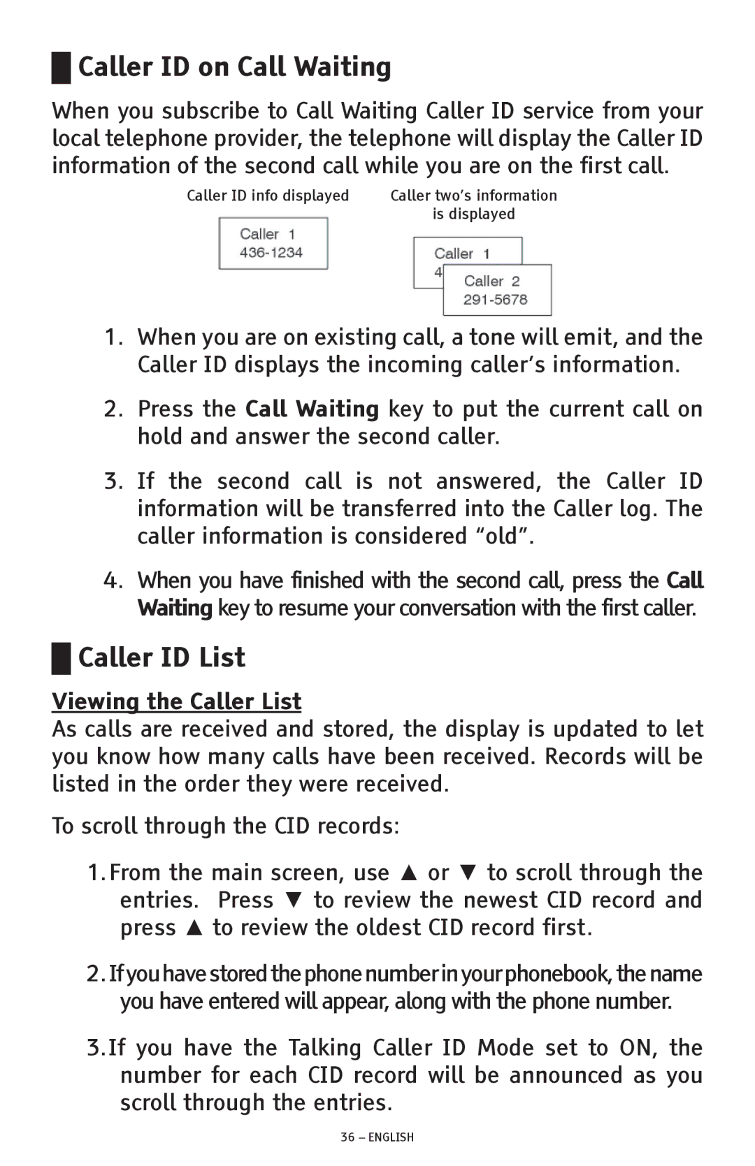 ClearSounds CSC1000 manual Caller ID on Call Waiting, Caller ID List, Viewing the Caller List 