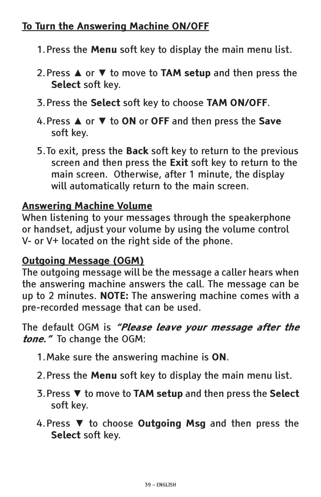 ClearSounds CSC1000 manual To Turn the Answering Machine ON/OFF, Answering Machine Volume, Outgoing Message OGM 