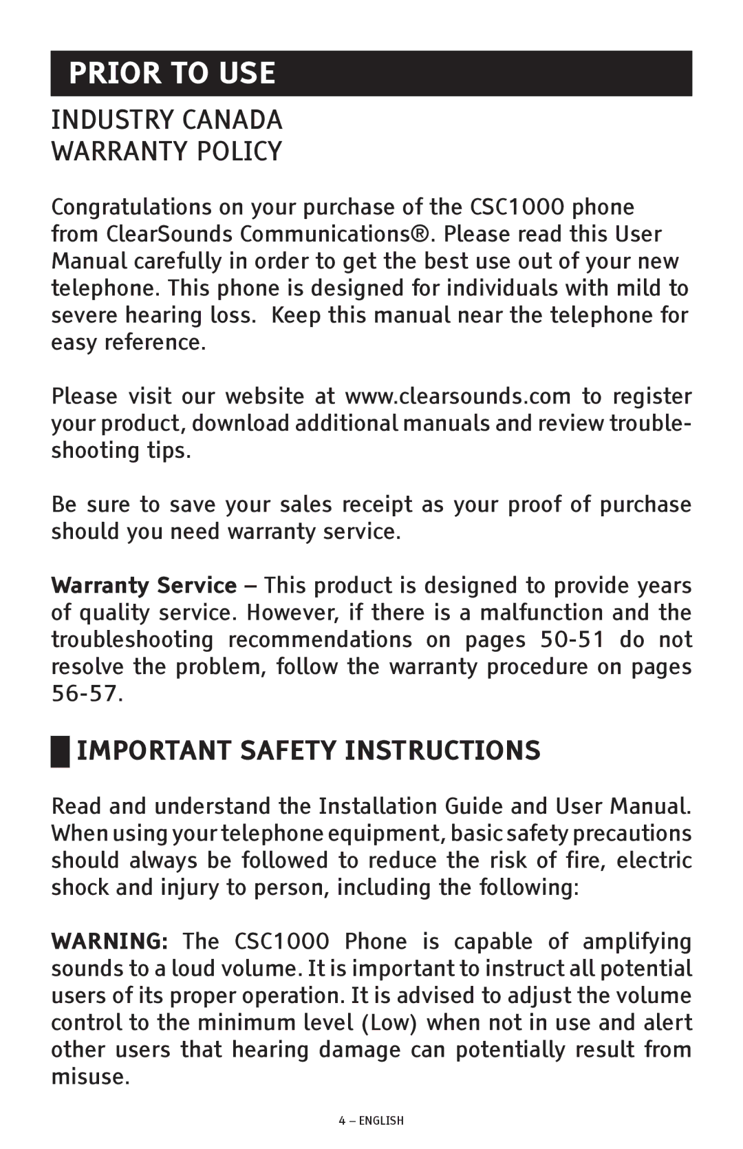 ClearSounds CSC1000 manual Prior to USE, Important Safety Instructions 