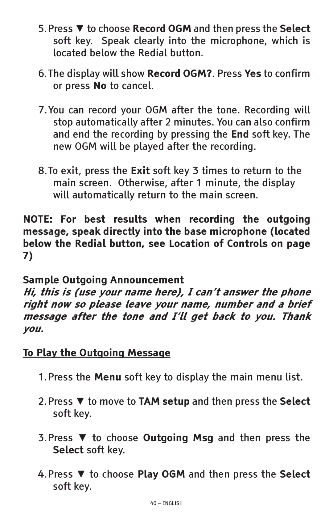 ClearSounds CSC1000 manual Sample Outgoing Announcement, To Play the Outgoing Message 