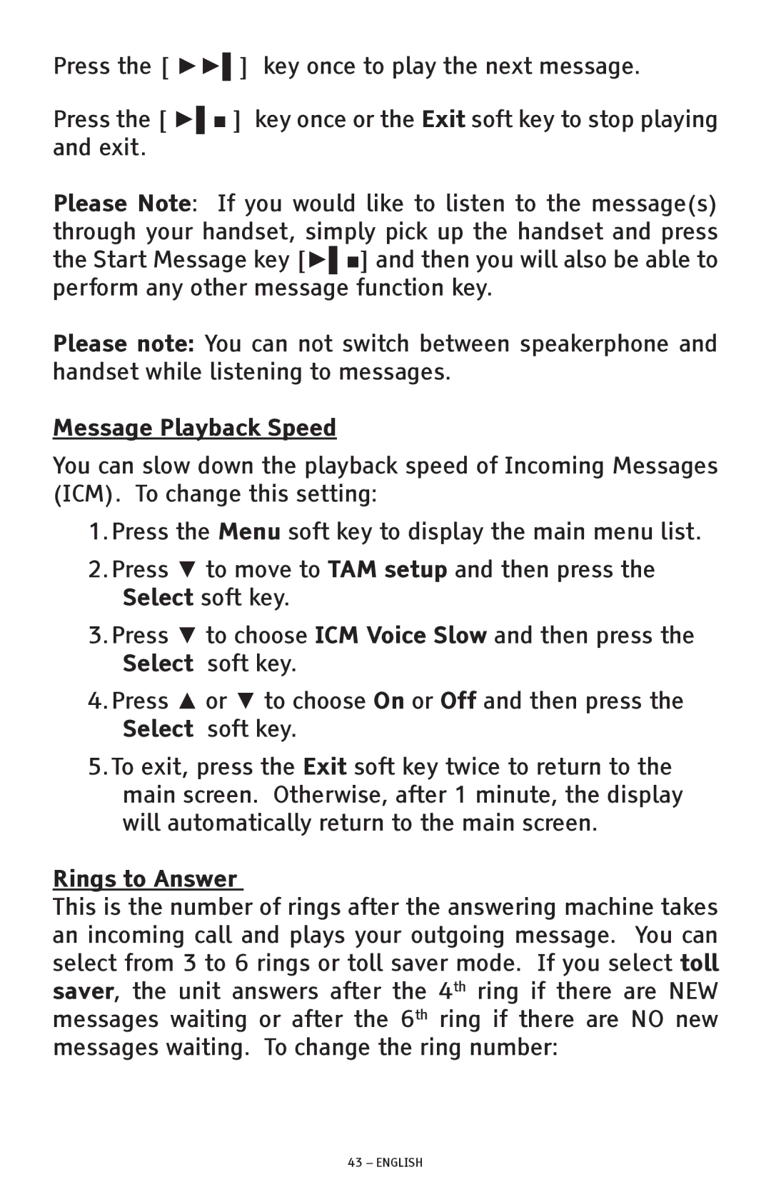 ClearSounds CSC1000 manual Message Playback Speed, Rings to Answer 