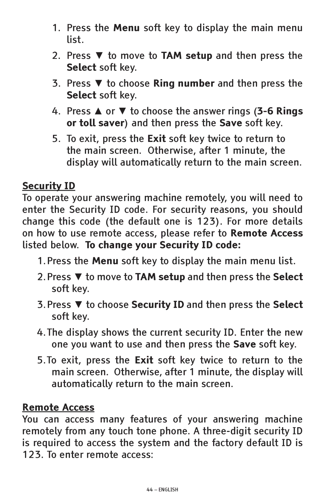 ClearSounds CSC1000 manual Security ID, Remote Access 