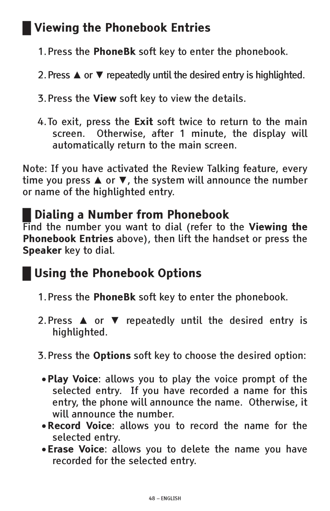 ClearSounds CSC1000 manual Viewing the Phonebook Entries, Dialing a Number from Phonebook, Using the Phonebook Options 